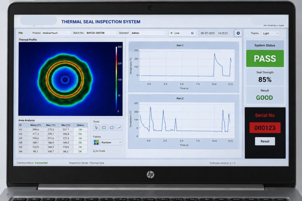 Thermal seal inspection software showing PASS and FAIL results