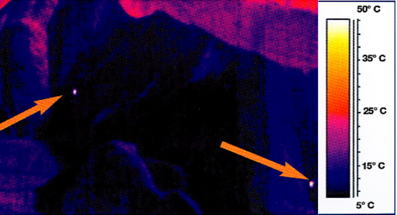 The overlay of a coal pile with 2 hot spots as possible combustion points."